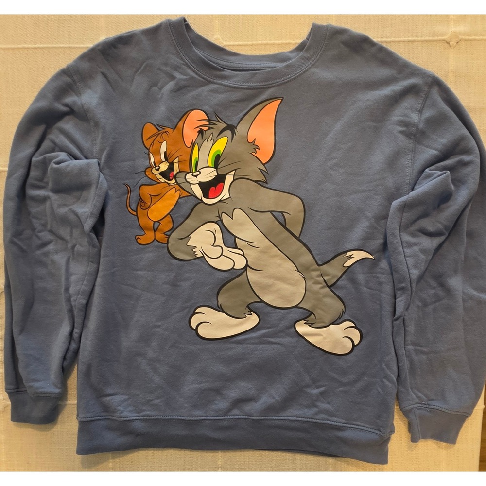 Tom and Jerry Graphic Crew Neck Sweatshirt Blue Cartoon Pullover